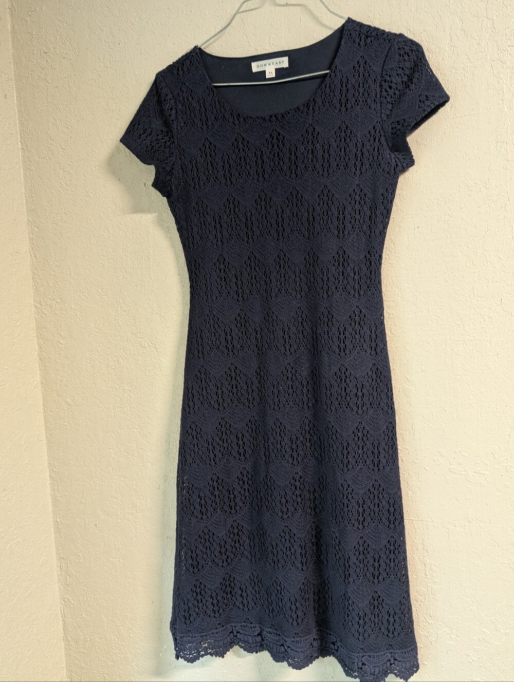 Crochet Lace Midi Dress XS Navy Coquette Cottage Whimsy Boho Forest Fairy Dainty
